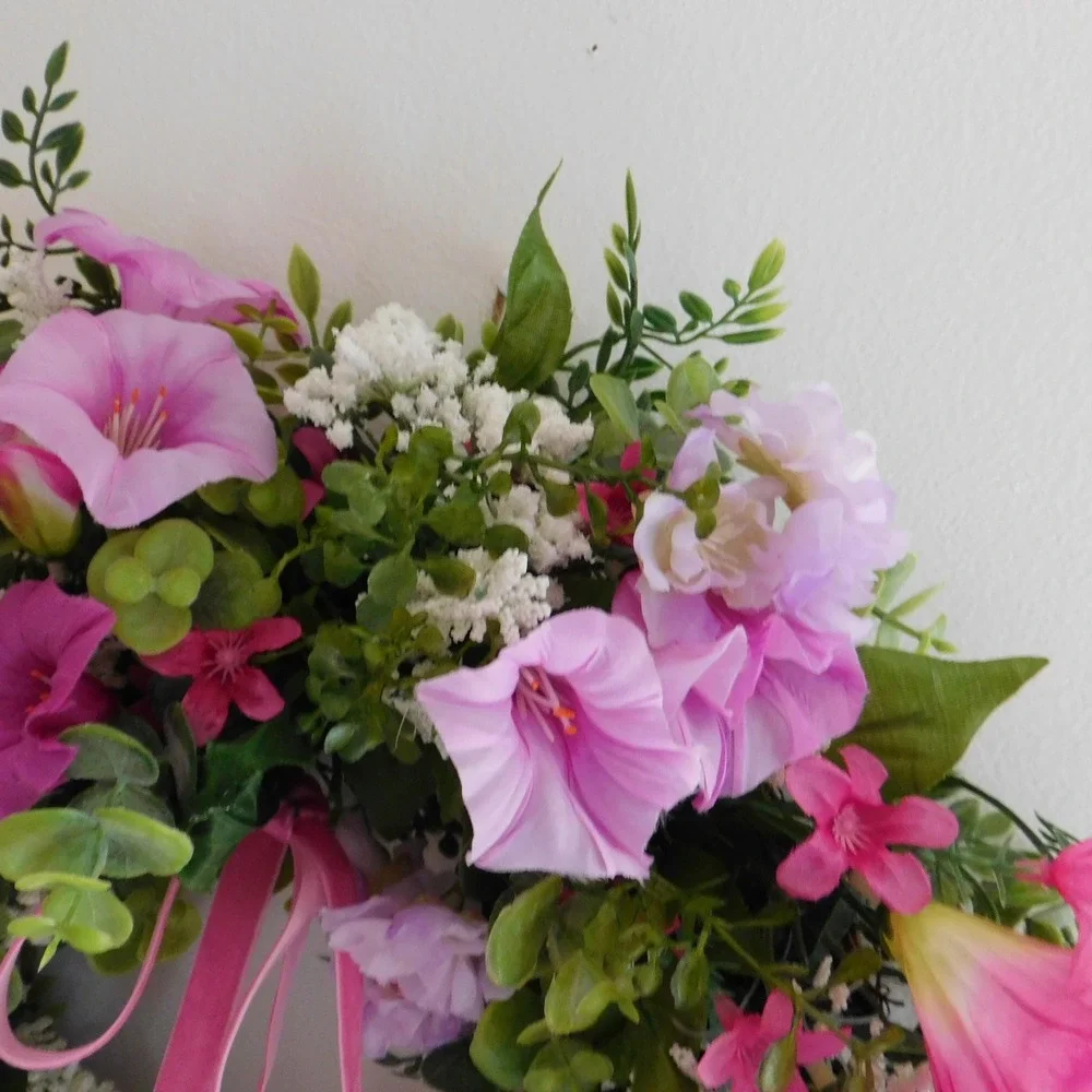 Purple Petunia Wreath, Spring, Summer Front Door, Whites, Housewarming Gift